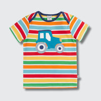 Colorful striped t-shirt with a blue tractor design on a light gray background