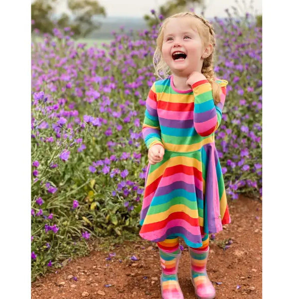 Frugi Organic Sofia Skater Dress Foxglove Rainbow Stripe - Dresses