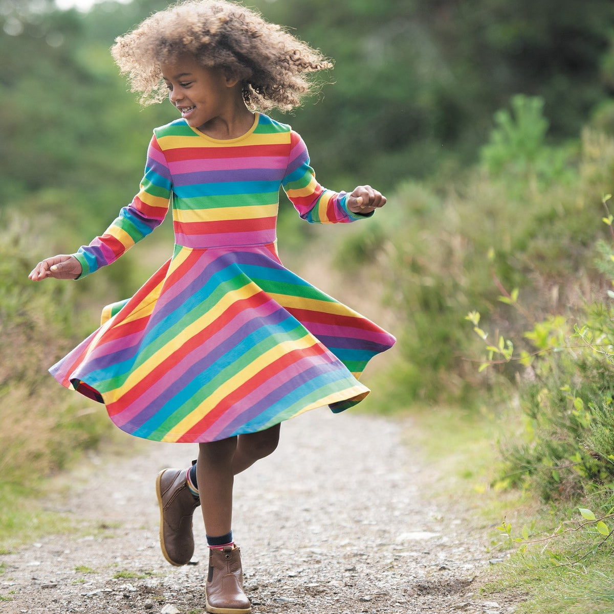Frugi Organic Sofia Skater Dress - Foxglove Rainbow Stripe - Dresses