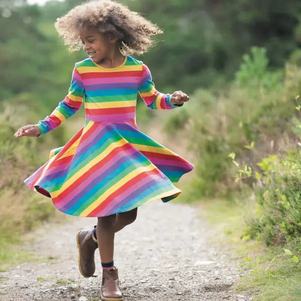 Frugi Organic Sofia Skater Dress Foxglove Rainbow Stripe - Dresses
