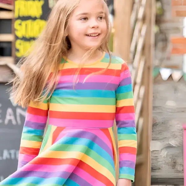 Frugi Organic Sofia Skater Dress Foxglove Rainbow Stripe - Dresses