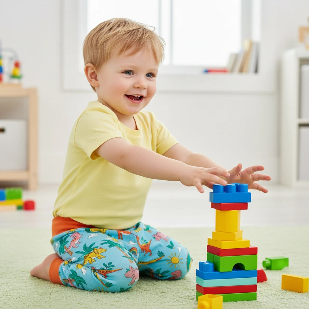 Child playing with colorful building blocks in a bright room