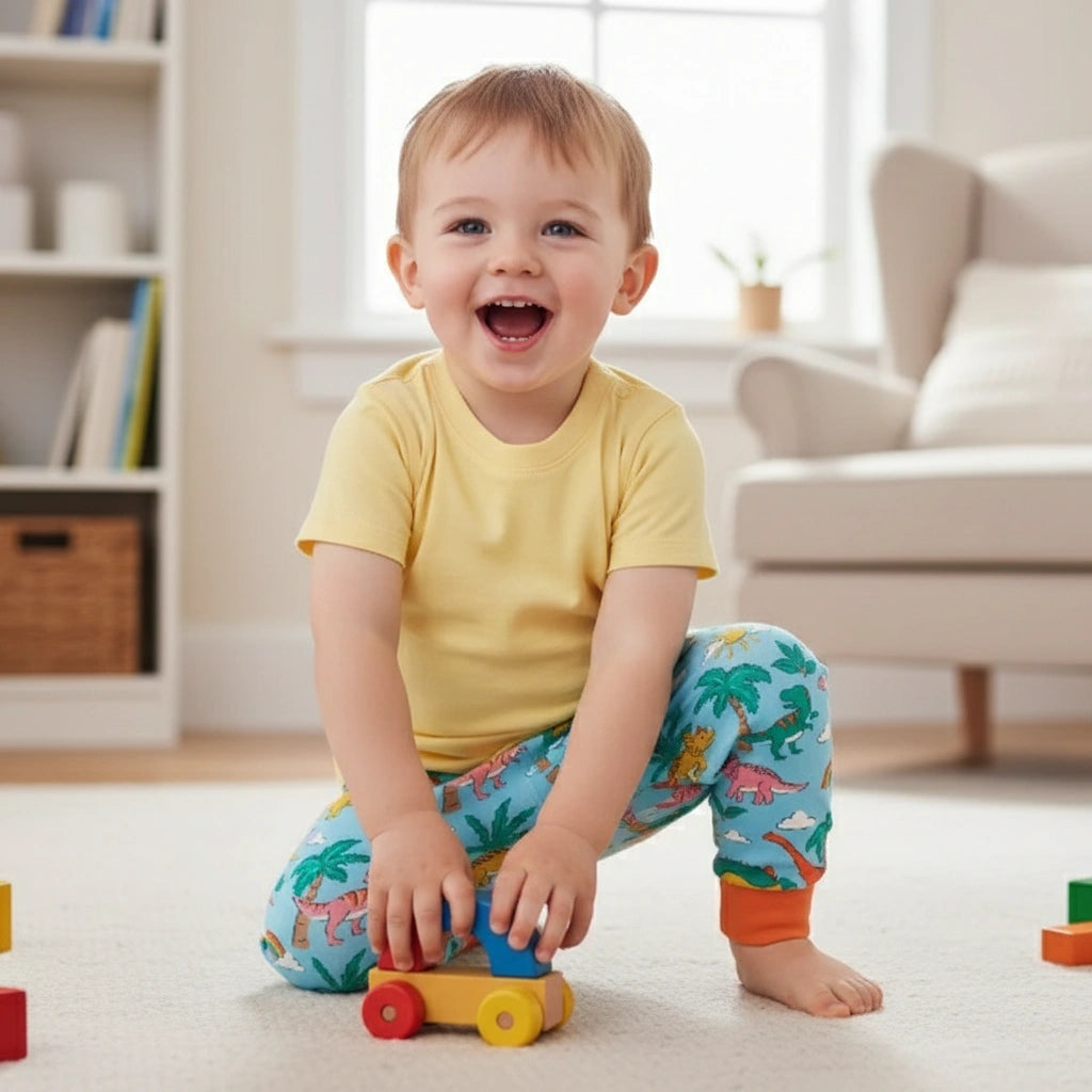 Child playing with toys on a carpeted floor in a living room.