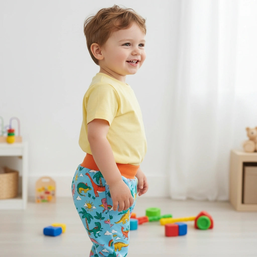 Child wearing a yellow shirt and blue dinosaur pants in a room with toys.