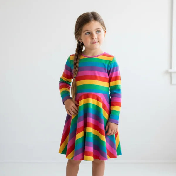 Frugi Organic Sofia Skater Dress Foxglove Rainbow Stripe - Baby goes Retro