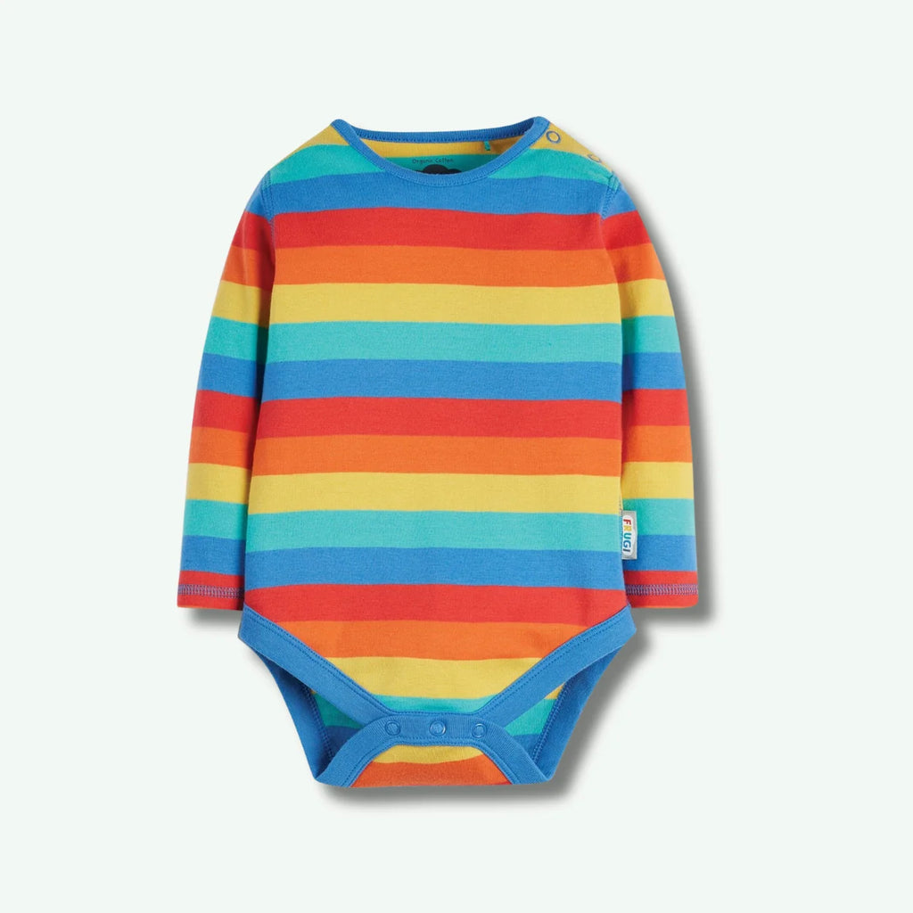 Colorful striped baby bodysuit on a light gray background
