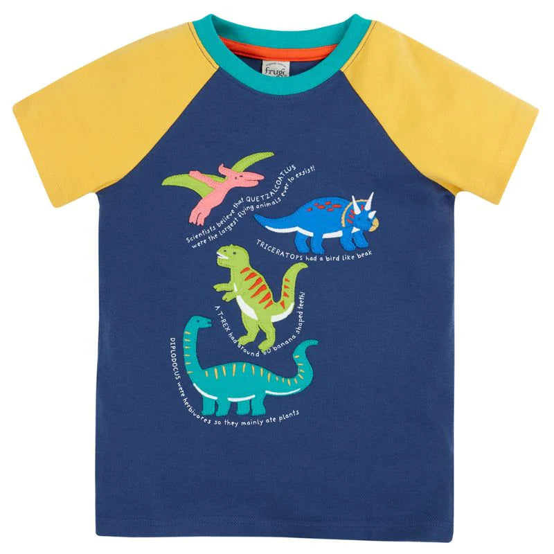 Children's t-shirt with dinosaur graphics on a blue and yellow background