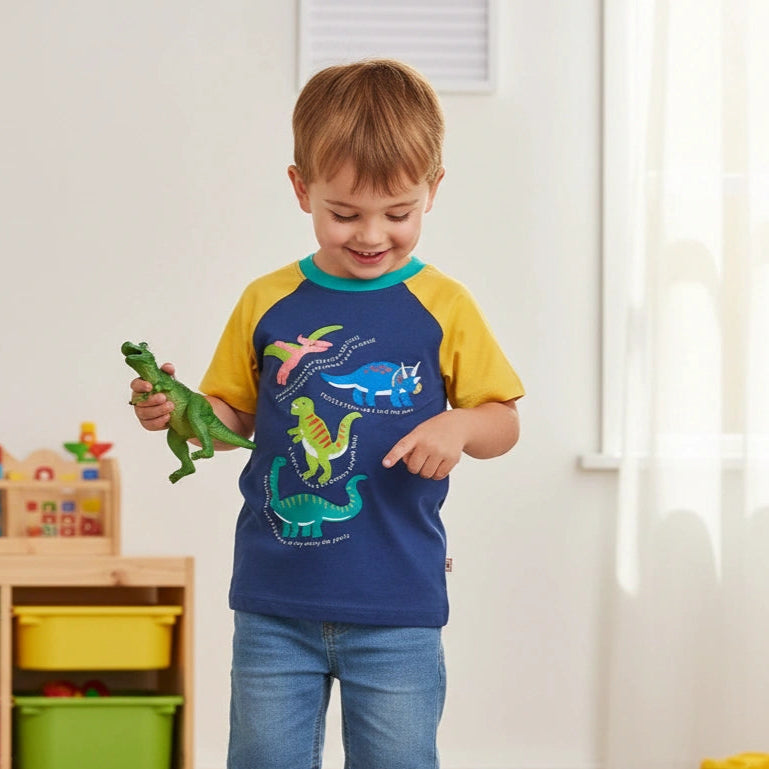 Child playing with dinosaur toys in a room with colorful toys and furniture.