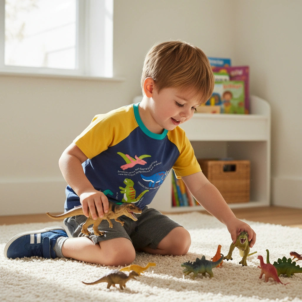 Child playing with toy dinosaurs on a carpeted floor