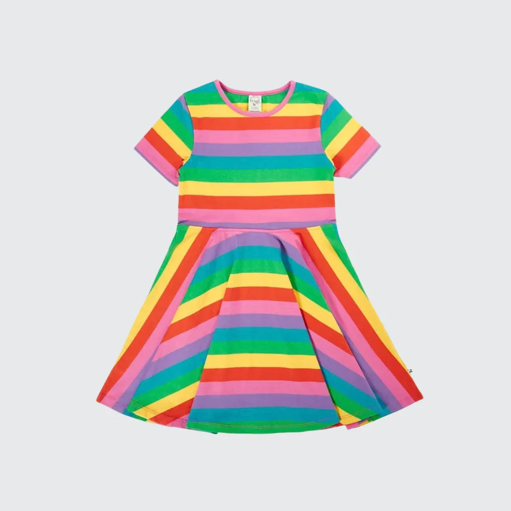 Frugi Sunshine Skater Dress in Foxglove Rainbow Stripe, a short-sleeved organic cotton dress with a full circular skirt