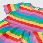 Close-up of the Frugi Sunshine Skater Dress pink neckband, short sleeve and rainbow striped bodice