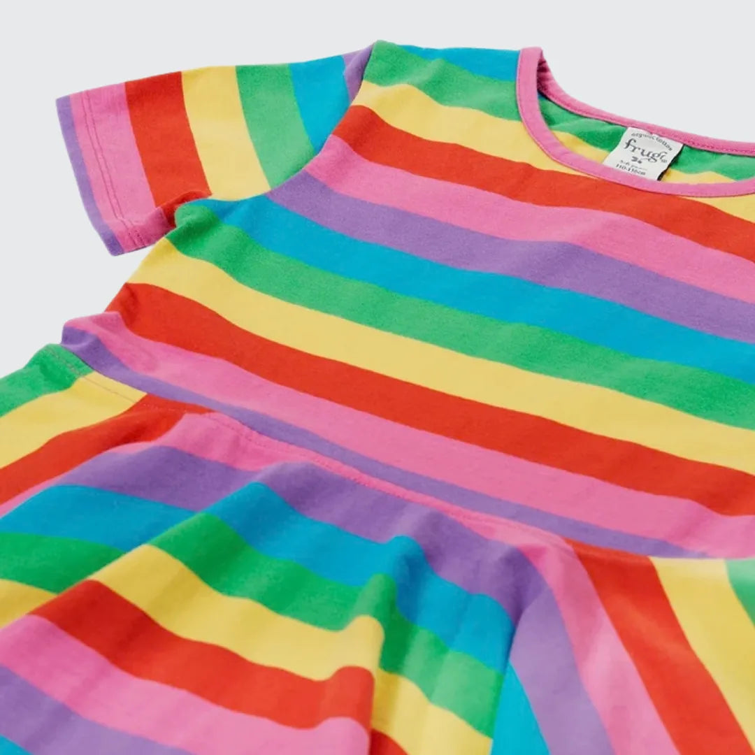 Close-up of the Frugi Sunshine Skater Dress pink neckband, short sleeve and rainbow striped bodice