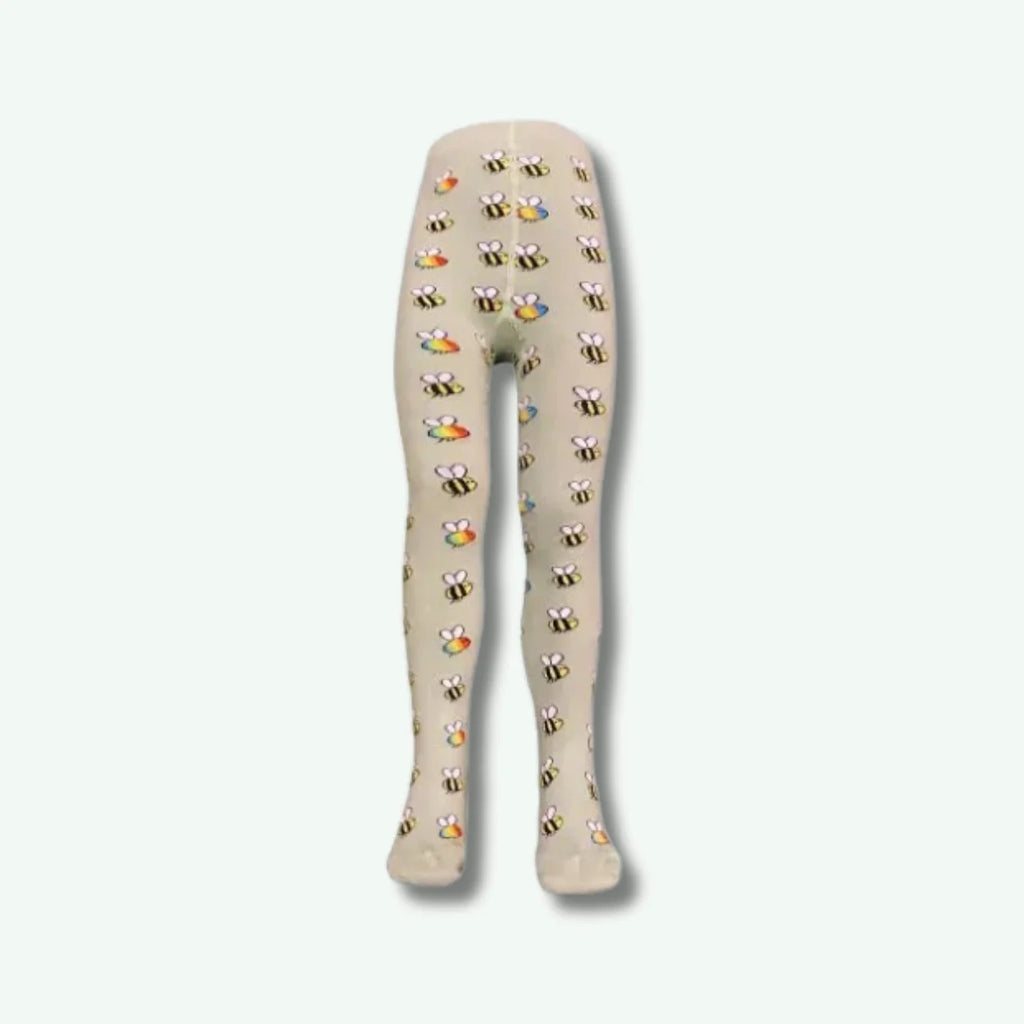 Beige tights with colorful bee pattern on a white background