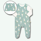 Baby onesie with duck pattern and matching hat on a white background