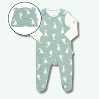 Baby onesie with duck pattern and matching hat on a white background