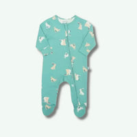 Teal baby onesie with animal pattern on a white background