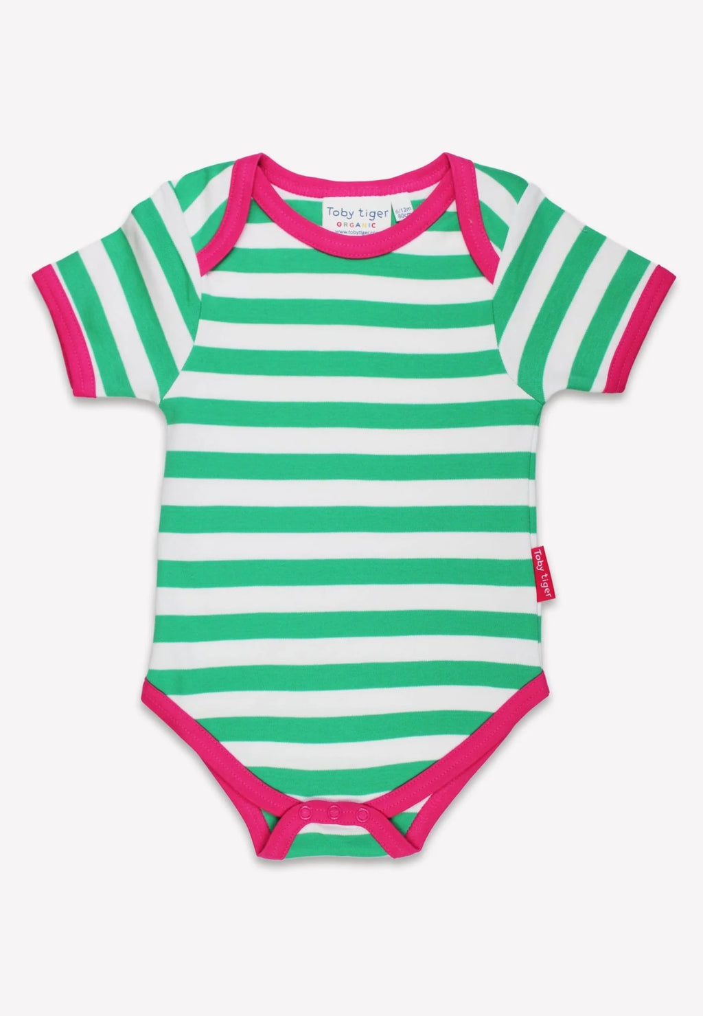 Green and white striped baby onesie with pink accents on a white background