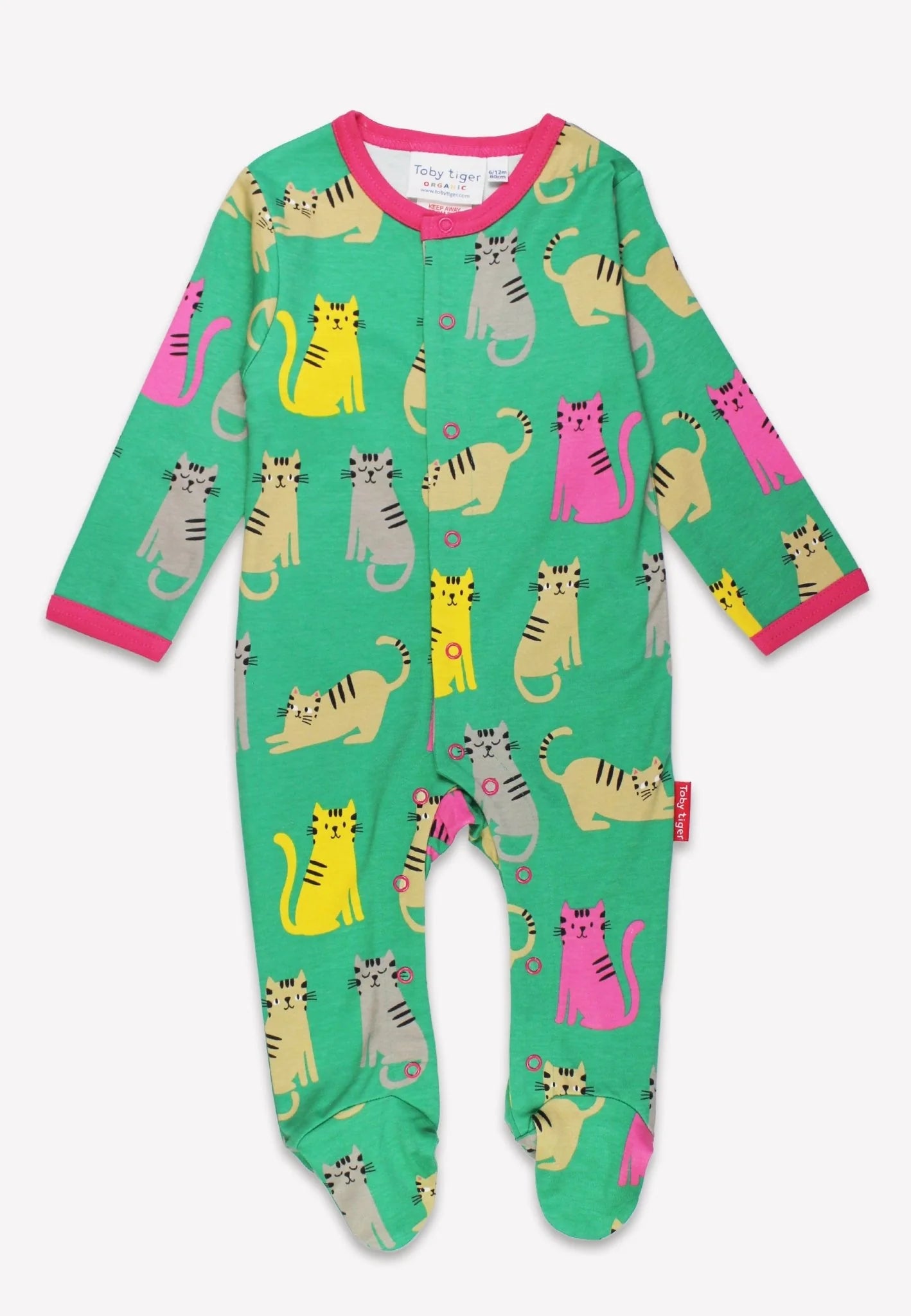 Colorful cat-patterned onesie on a white background