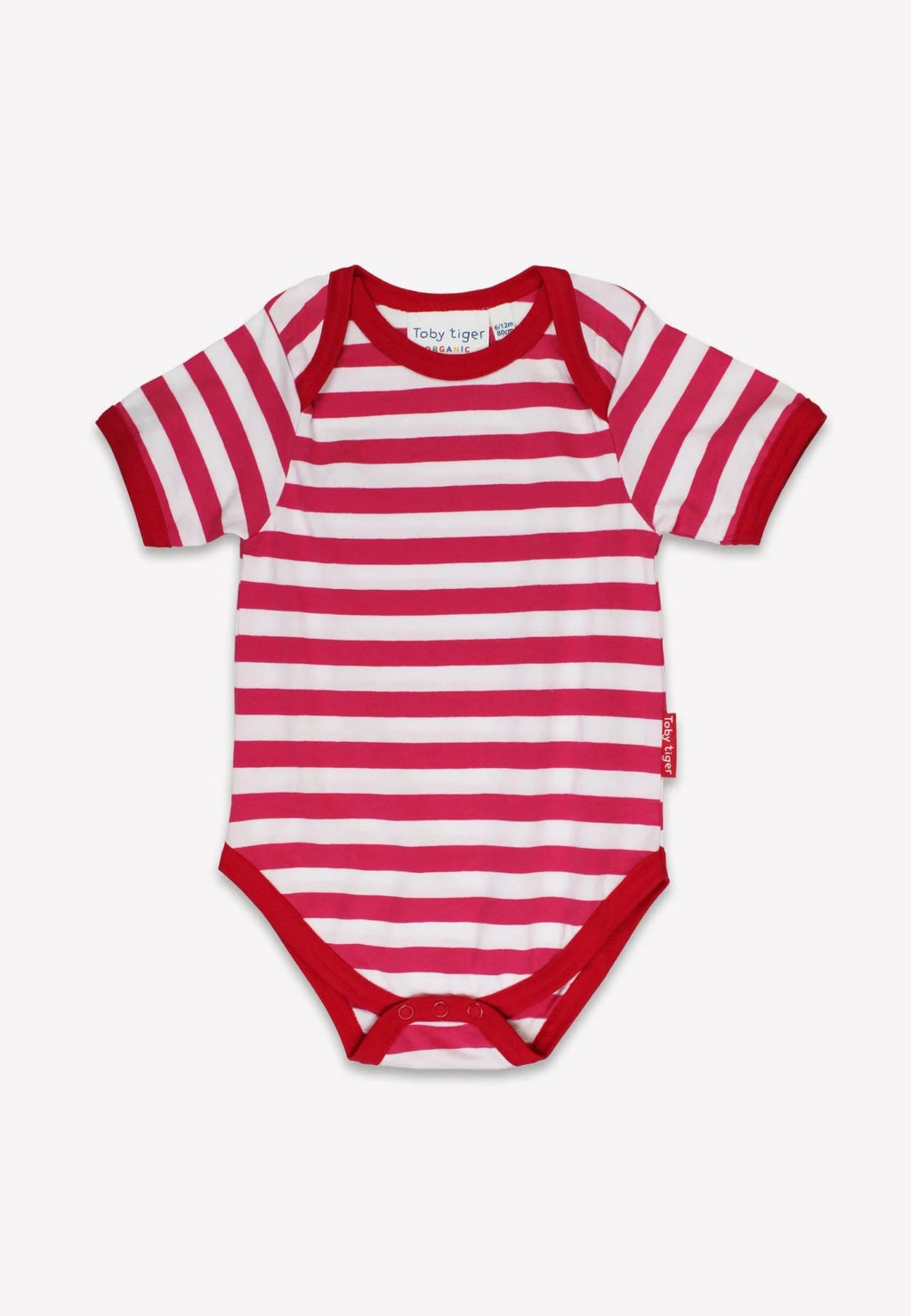 Red and white striped baby bodysuit on a white background