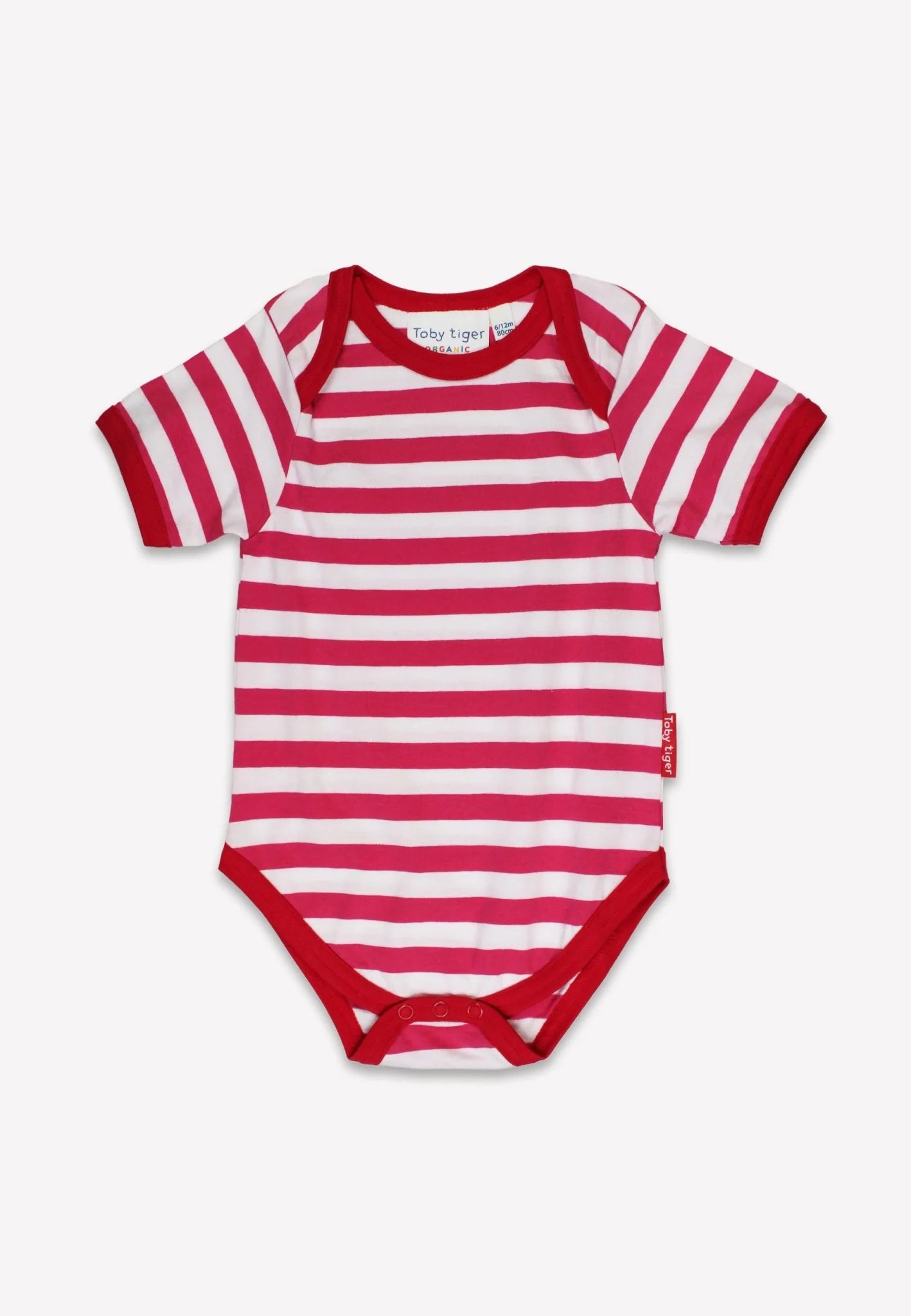 Red and white striped baby bodysuit on a white background