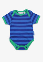 Blue and green striped baby onesie on a white background