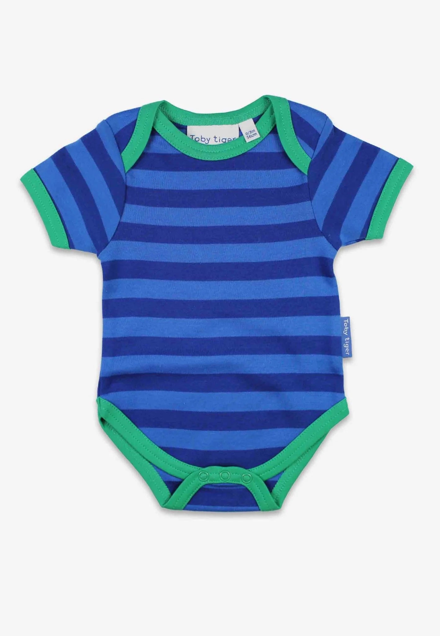 Blue and green striped baby onesie on a white background