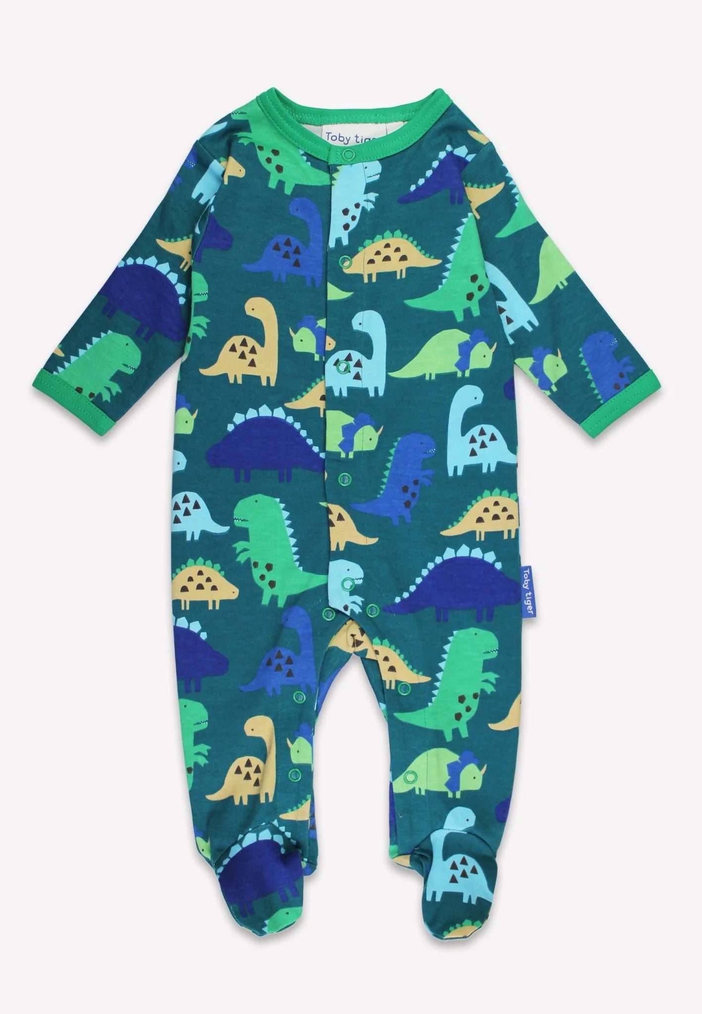 Baby onesie with dinosaur pattern on a white background