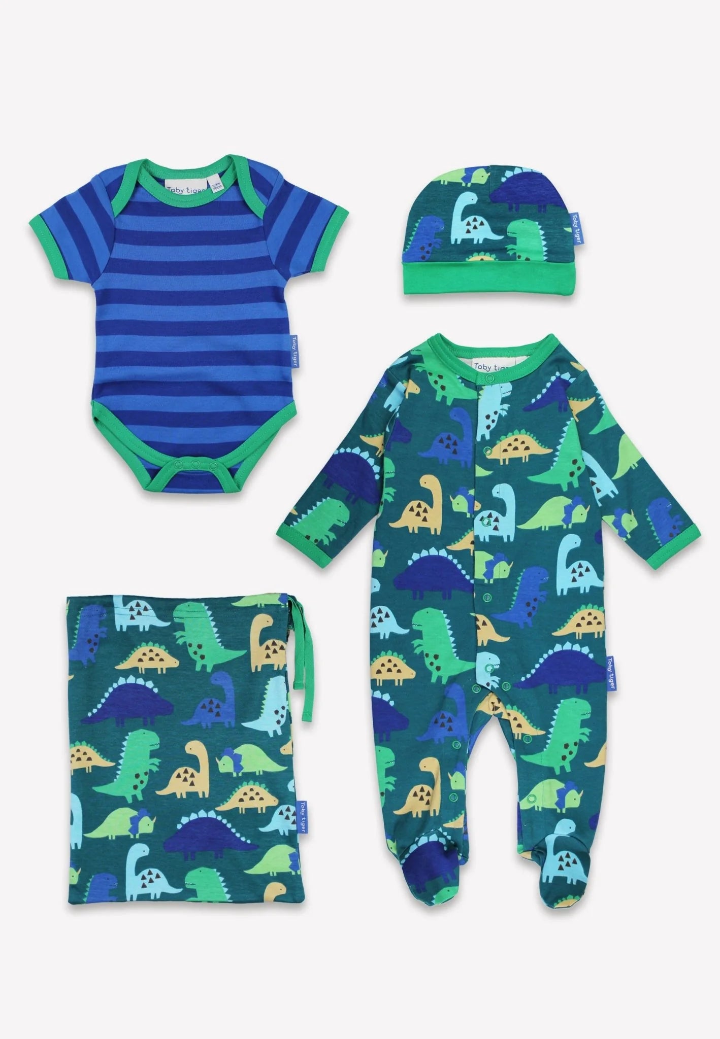 Baby clothing set with dinosaur patterns on a white background