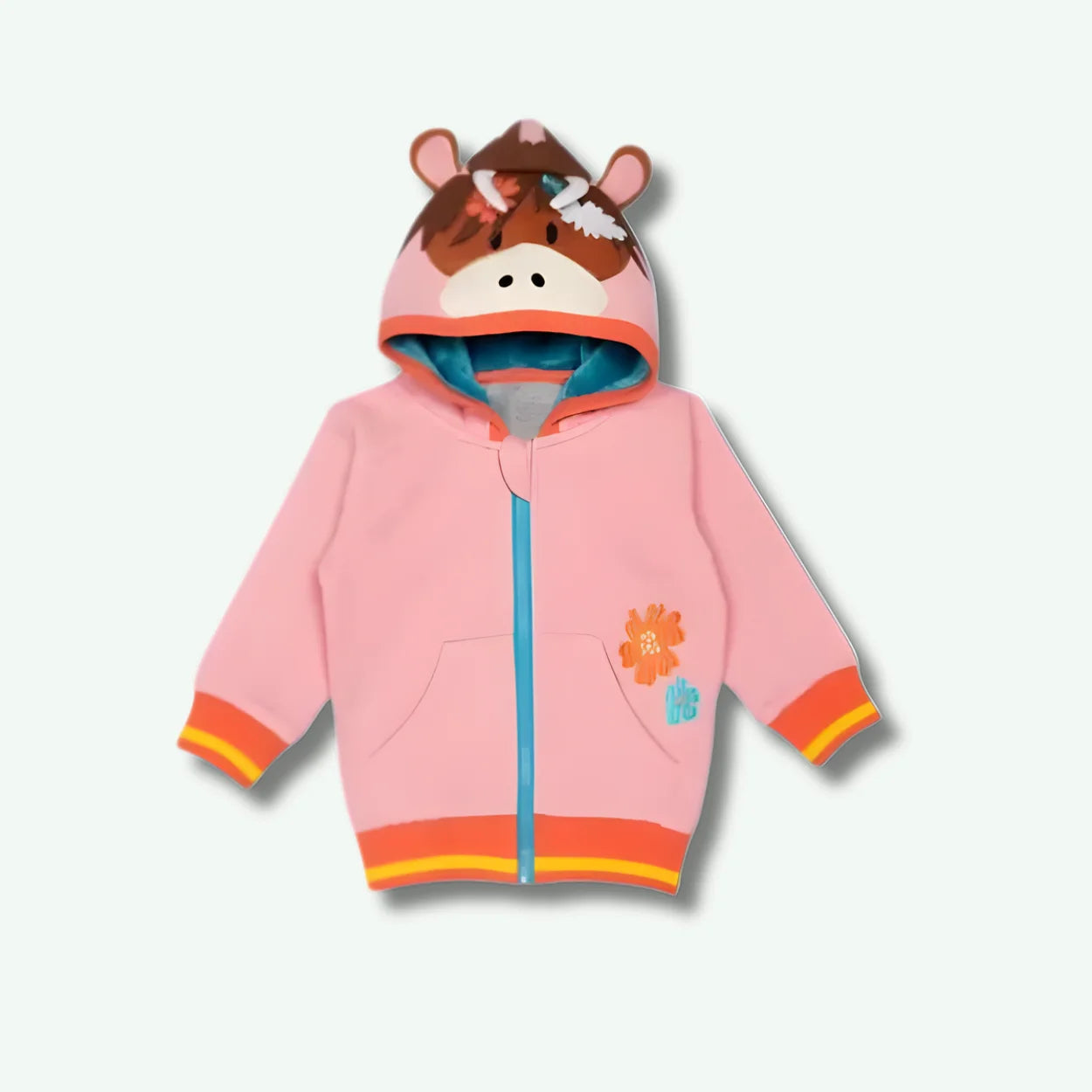 Children's pink hoodie with animal hood on a white background