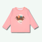 Pink long-sleeve shirt with a cow design on a white background