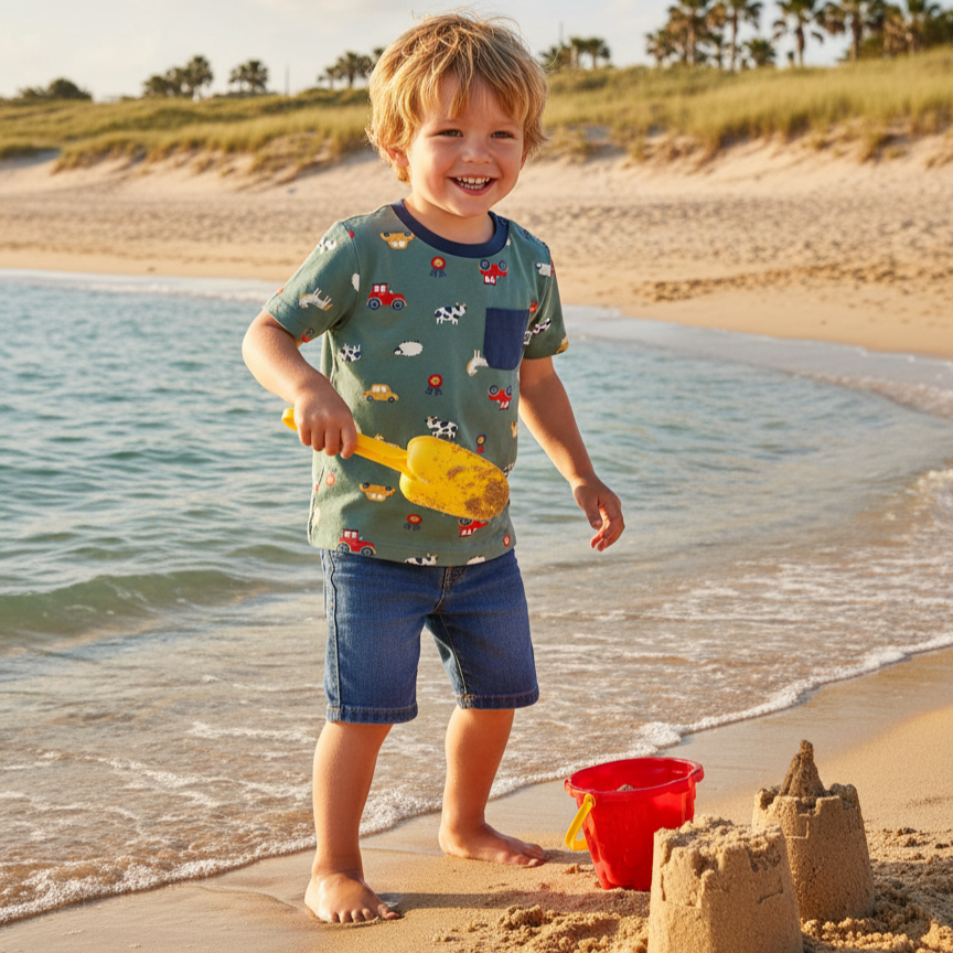Child playing on a beach with sandcastle and bucket, surrounded by ocean and dunes.