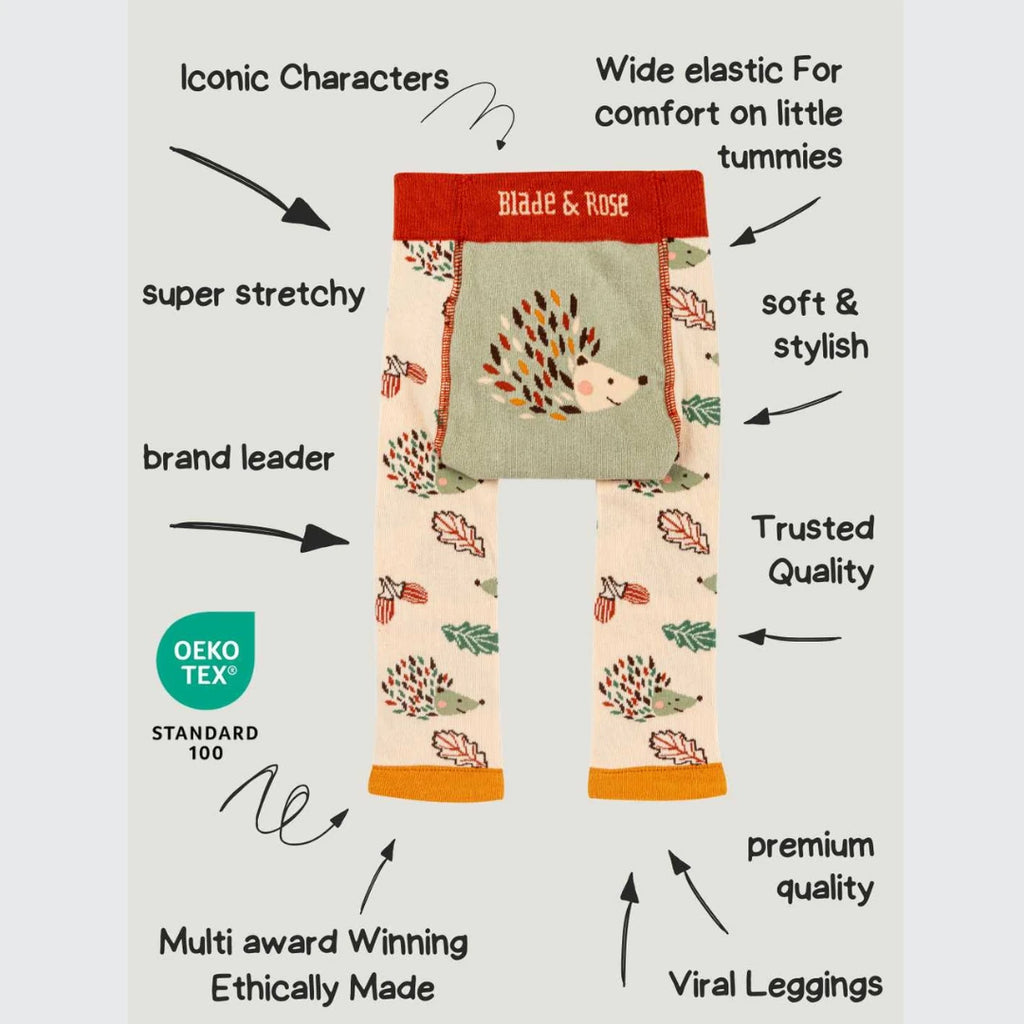 Toddler leggings with a hedgehog print and text callouts on a light gray background. The leggings feature a red waistband with 'Blade & Rose' in white, a green fabric pocket with a hedgehog design, and a cream base with multicolor hedgehog and leaf prints.