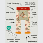 Toddler leggings with a hedgehog print and text callouts on a light gray background. The leggings feature a red waistband with 'Blade & Rose' in white, a green fabric pocket with a hedgehog design, and a cream base with multicolor hedgehog and leaf prints.
