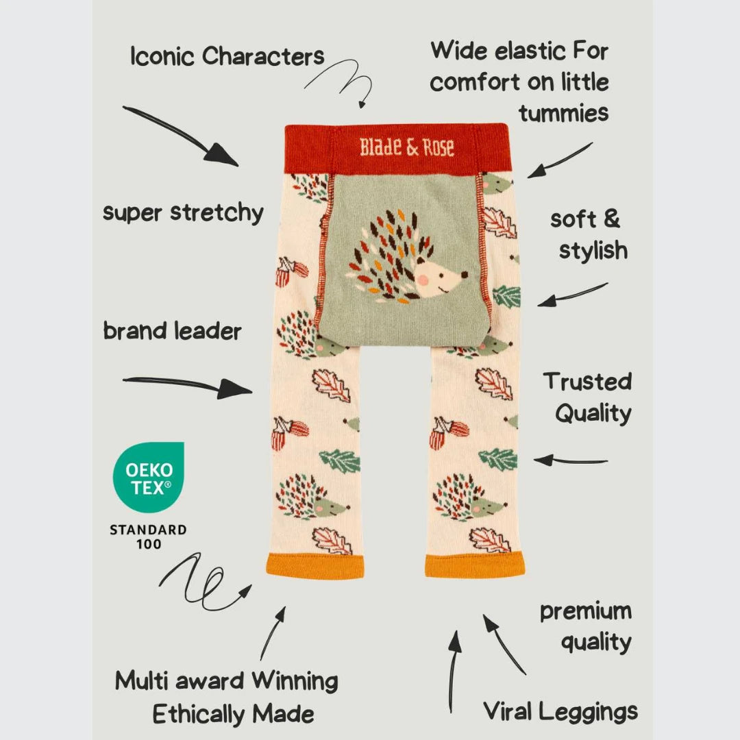 Toddler leggings with a hedgehog print and text callouts on a light gray background. The leggings feature a red waistband with 'Blade & Rose' in white, a green fabric pocket with a hedgehog design, and a cream base with multicolor hedgehog and leaf prints.