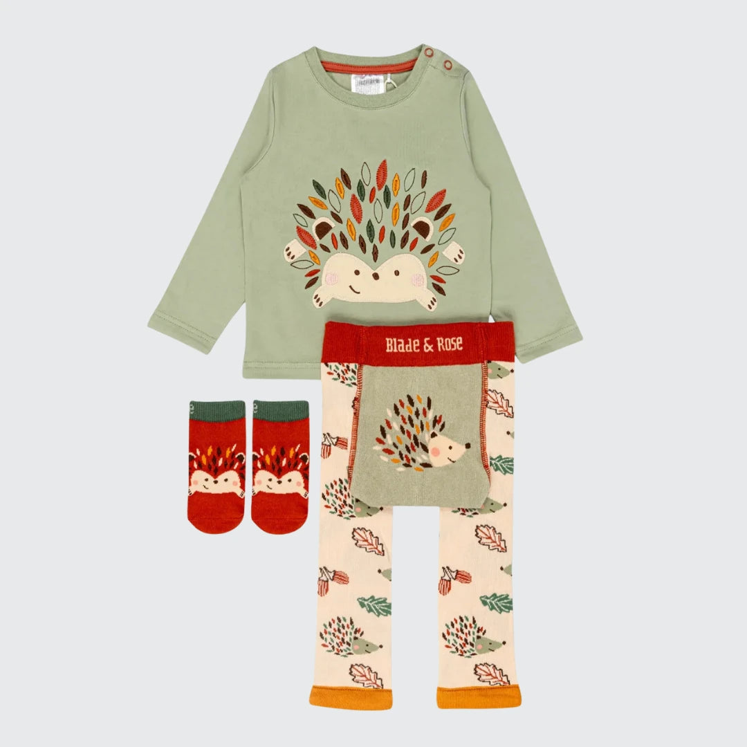 A children's three-piece knit outfit set from Biele & Rose, featuring a sage green long-sleeve top with a hedgehog graphic, cream leggings with a hedgehog print and red waistband, and matching red socks.