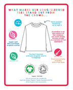 Product description card for long-sleeve tees with features and certifications on a white background.