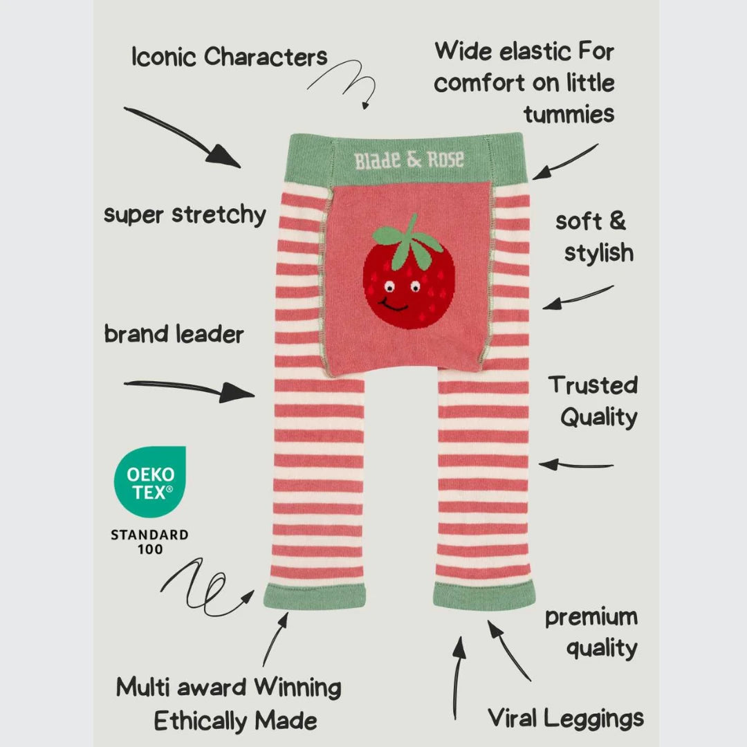 A product infographic for children's leggings featuring a strawberry-themed pair of pink and red striped leggings with a green waistband labeled 'Blade & Rose'. The image includes hand-drawn arrows pointing to features like 'Wide elastic', 'super stretchy', 'soft & stylish', and 'trusted quality', along with an Oeko-TEX Standard 100 badge.