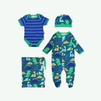 Baby clothing set with striped onesie, dinosaur-patterned romper, hat, and blanket on a white background