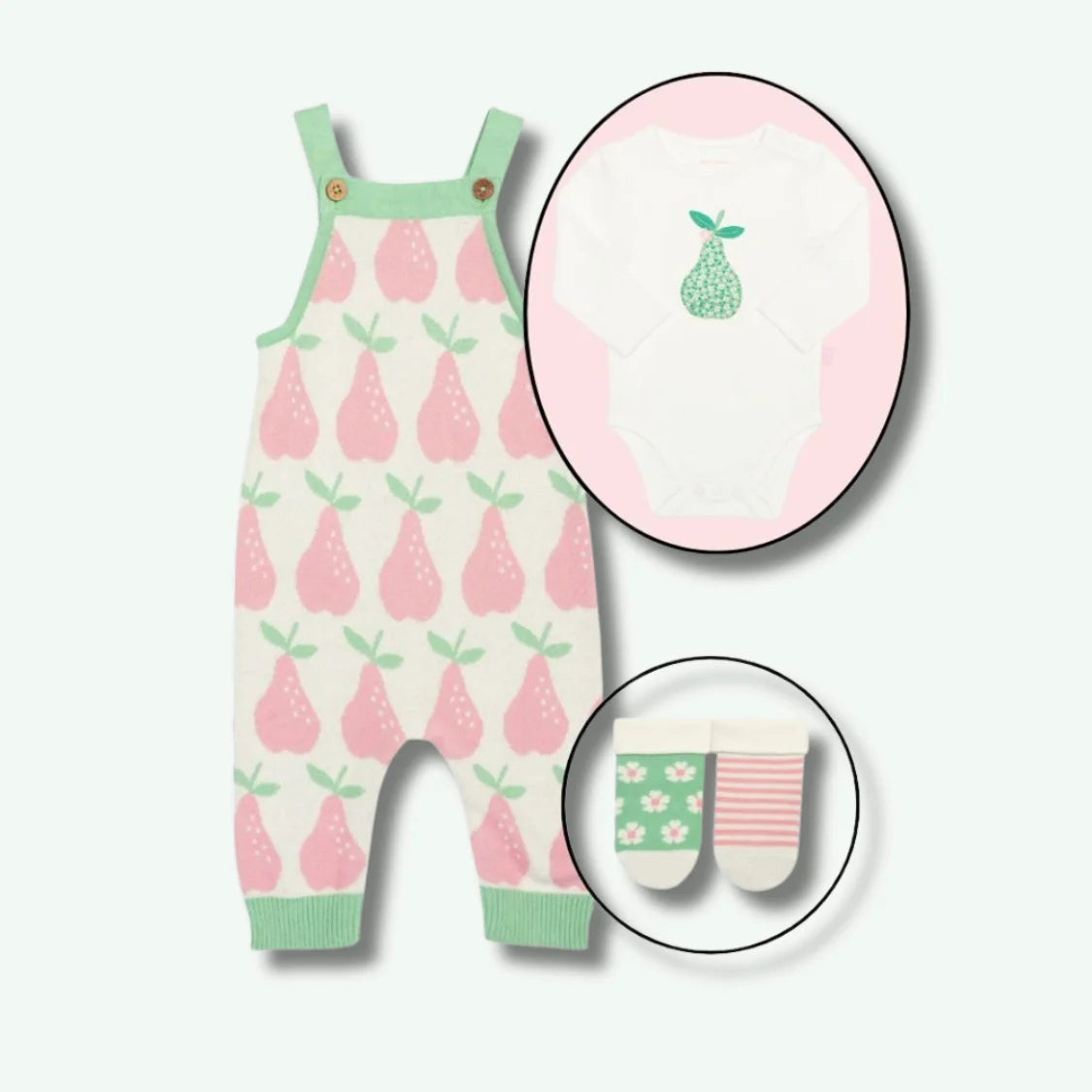 Baby romper with pink pear pattern, matching bib, and socks on a white background