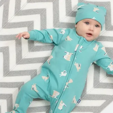 Organic Bunny Sleepsuit with Zip Opening and Integrated Scratch Mitts - LS Bodysuits