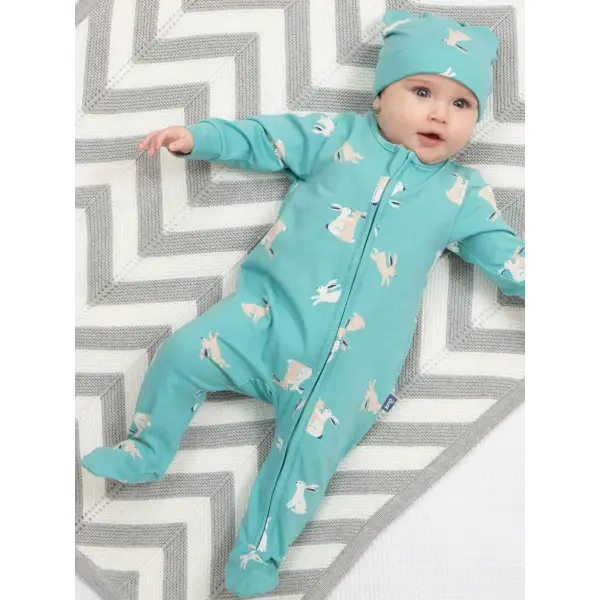 Organic Bunny Sleepsuit with Zip Opening and Integrated Scratch Mitts - LS Bodysuits