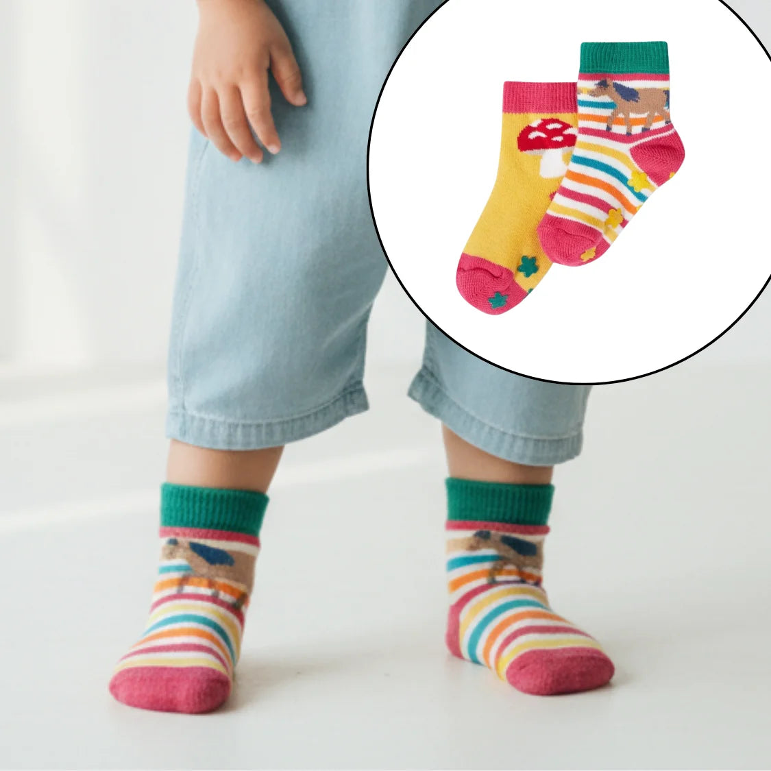 Child wearing colorful striped socks with a close-up inset of the socks.