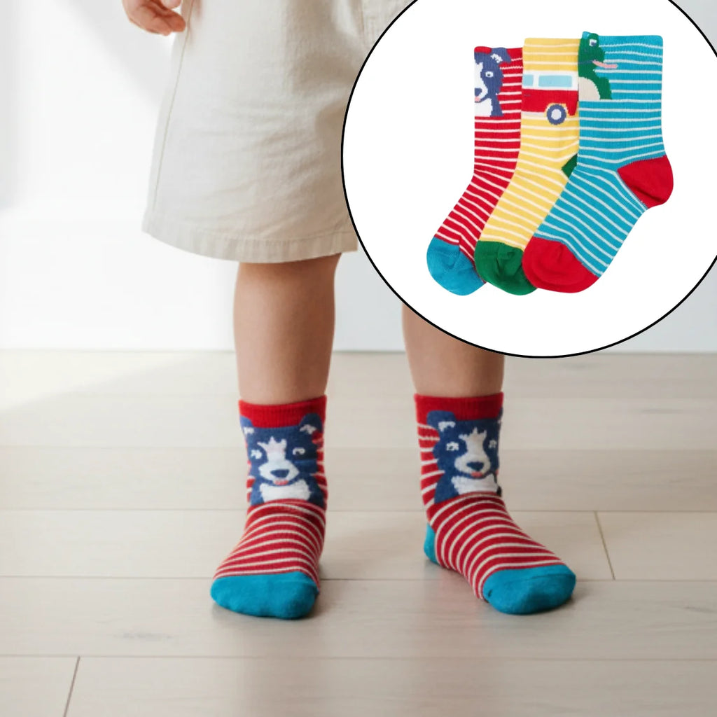 Child wearing colorful socks with animal designs, inset showing three pairs of socks.