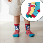 Child wearing colorful socks with animal designs, inset showing three pairs of socks.