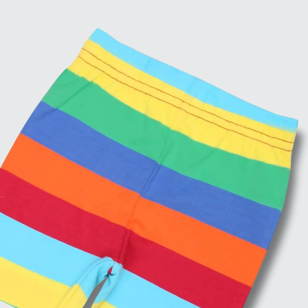 A close-up of a colorful striped garment, likely a towel or blanket, featuring horizontal bands of light blue, yellow, green, blue, orange, red, and light blue, with a small gray object visible at the bottom edge.