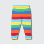 A pair of children's leggings with horizontal rainbow stripes in yellow, green, blue, orange, and red, shown flat against a light gray background.