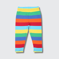 A pair of children's leggings with horizontal rainbow stripes in yellow, green, blue, orange, and red, shown flat against a light gray background.