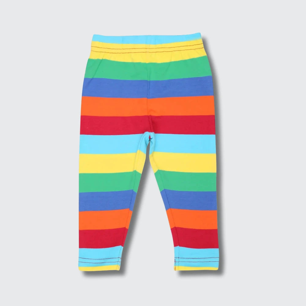 A pair of children's leggings with horizontal rainbow stripes in yellow, green, blue, orange, and red, shown flat against a light gray background.