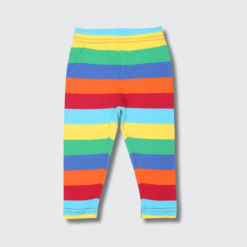 Children's leggings with horizontal rainbow stripes against a light gray background.