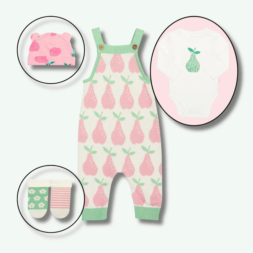 Baby romper with pear pattern, hat, bib, and socks on a white background
